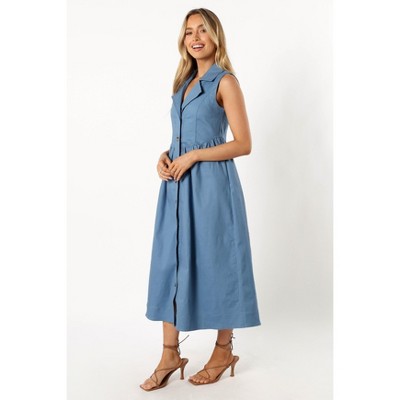 Steel Blue Cotton Blend Sleeveless V-Neck Midi Dress