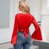 Women's Style Tops Bell Sleeve Top Wrap Blouse Tie Front Crop Top Long Sleeve Top Tee Shirts - Red,M - 4 of 4