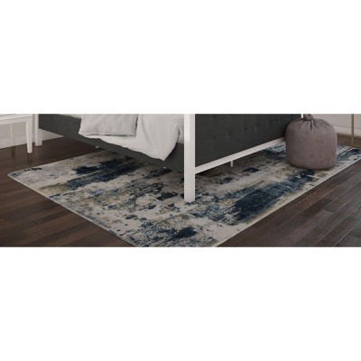 Sapphire Blue and Ivory Abstract Polyester Runner Rug