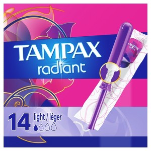 Tampax Radiant Tampons Light Absorbency with BPA-Free Plastic Applicator and LeakGuard Braid, Unscented, 14 Count - 1 of 2