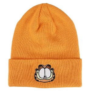 Garfield Face Character Cuffed Flat Embroidery Logo on Orange Acrylic Knitted Woven Beanie - 1 of 2