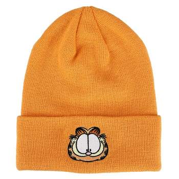 Garfield Face Character Cuffed Flat Embroidery Logo on Orange Acrylic Knitted Woven Beanie