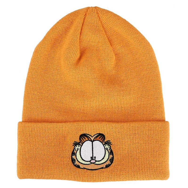 Garfield Face Character Cuffed Flat Embroidery Logo on Orange Acrylic Knitted Woven Beanie, 1 of 3