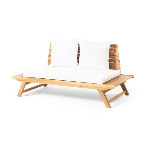 Christopher Knight Home 313172 Ingrid Outdoor Wooden Loveseat with Cushions White and Teak Finish 