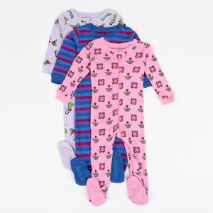 Leveret Girls Cotton Baby Footed Pajamas – 3 Pack – Tropical Garden Sleepers - 1 of 4