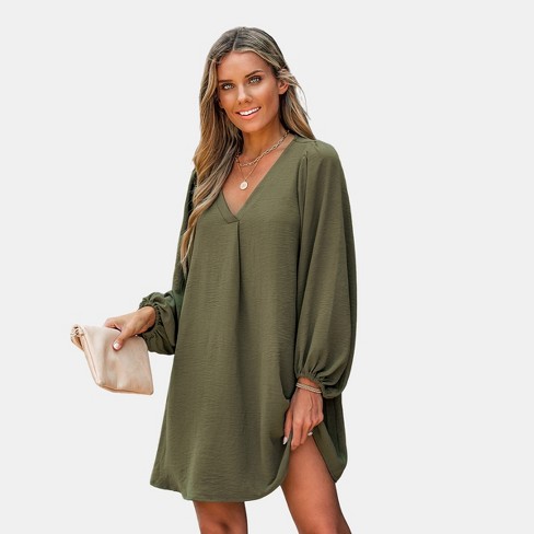 Women's Olive Green Balloon Sleeve Mini Dress - Cupshe-XS-Green