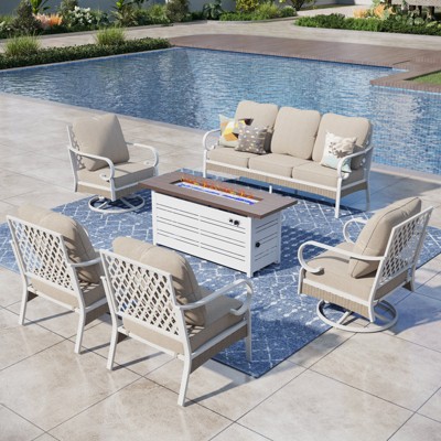 Captiva Designs 6pc extra large metal and rattan outdoor patio fire pit set with swivel grid-back chairs and table