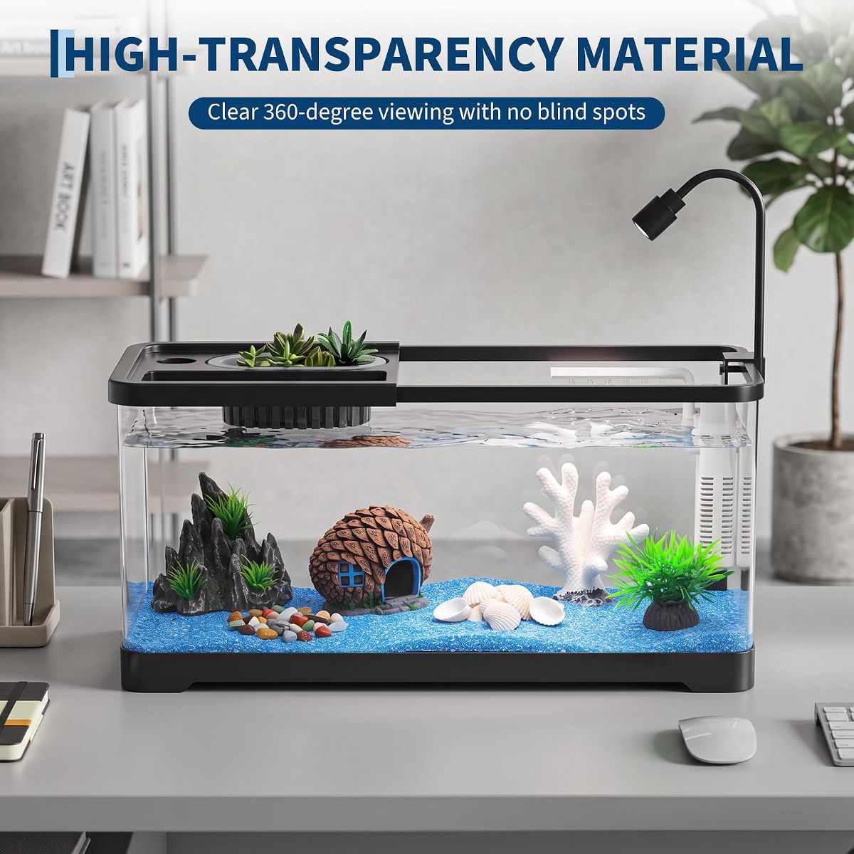 Small Plastic Fish Tank with Light & Filter, 8-Piece Kit, LED Light + Filter + Fish Net + Decor, for Desk Dorm Office - thumbnail 3
