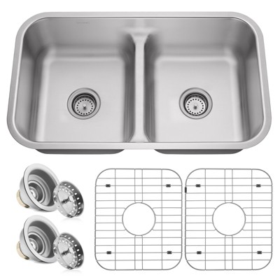 Miligore 32" x 19" x 9" Deep Double Bowl (50/50 Low Profile Split) 16-Gauge Stainless Steel Kitchen Sink with Drains/Grids