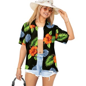 LA LEELA Hawaiian Shirts Womens Floral Summer Beach Party Blouses Short Sleeve Vacation Casual Button Up Dress Shirts for Women - 1 of 4