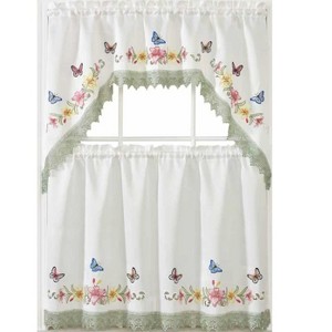 Home Mart Goods White Butterfly Embroidery Kitchen Curtain 3PC Set Swag & Tiers Set - 1 of 4