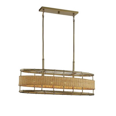 Arcadia 4-Light Linear Chandelier in Warm Brass with Natural Rattan
