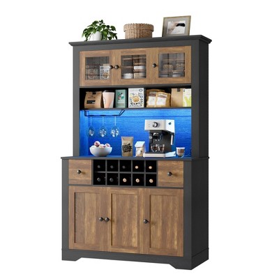 Garvee Coffee Bar Cabinet, 68.7 Inch Brown Farmhouse Kitchen Hutch with Led Light and Power Outlet for Dining Room — фото 3
