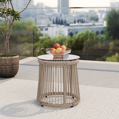 Side Table Outdoor with Handcrafted Rope Frame, Drum-Shaped Patio Table with Tempered Glass Top-Maison Boucle