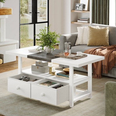 WOWLIVE Farmhouse Wood Coffee Table, Small Cocktail Table with 2 Drawers