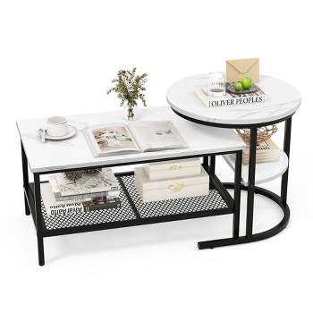 Tangkula Nesting Coffee Table Set of 2 Faux Marble Top Detachable w/ Storage Shelf