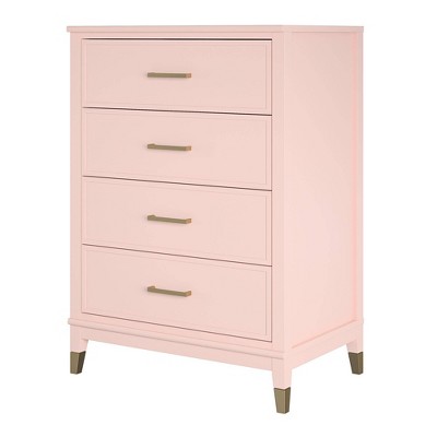 Pale Pink Vertical 4-Drawer Dresser with Gold Accents
