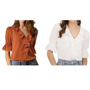Allegra K Women's Ruffle V Neck Puff Sleeve Summer Casual Chiffon Peasant Top 2 Packs - 1 of 4