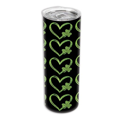 Elanze Designs St. Patrick's Day Shamrock Glittered Green Heart 20 ounce Stainless Steel Travel Tumbler with Lid For Your On The Go Beverages
