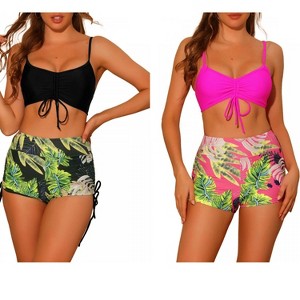 INSPIRE CHIC Women's Drawstring Push-Up Top Tropical Print High Waist Shorts Swimwear Bathing Suits 2 Sets - 1 of 4