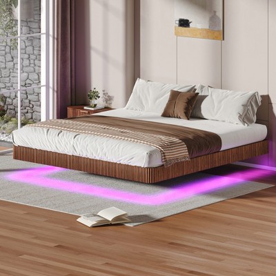 YONWAY Floating Bed Frame, Modern Fluted Oak Platform Bed Frame Floating, Heavy Duty Metal Slats, No Box Spring Required