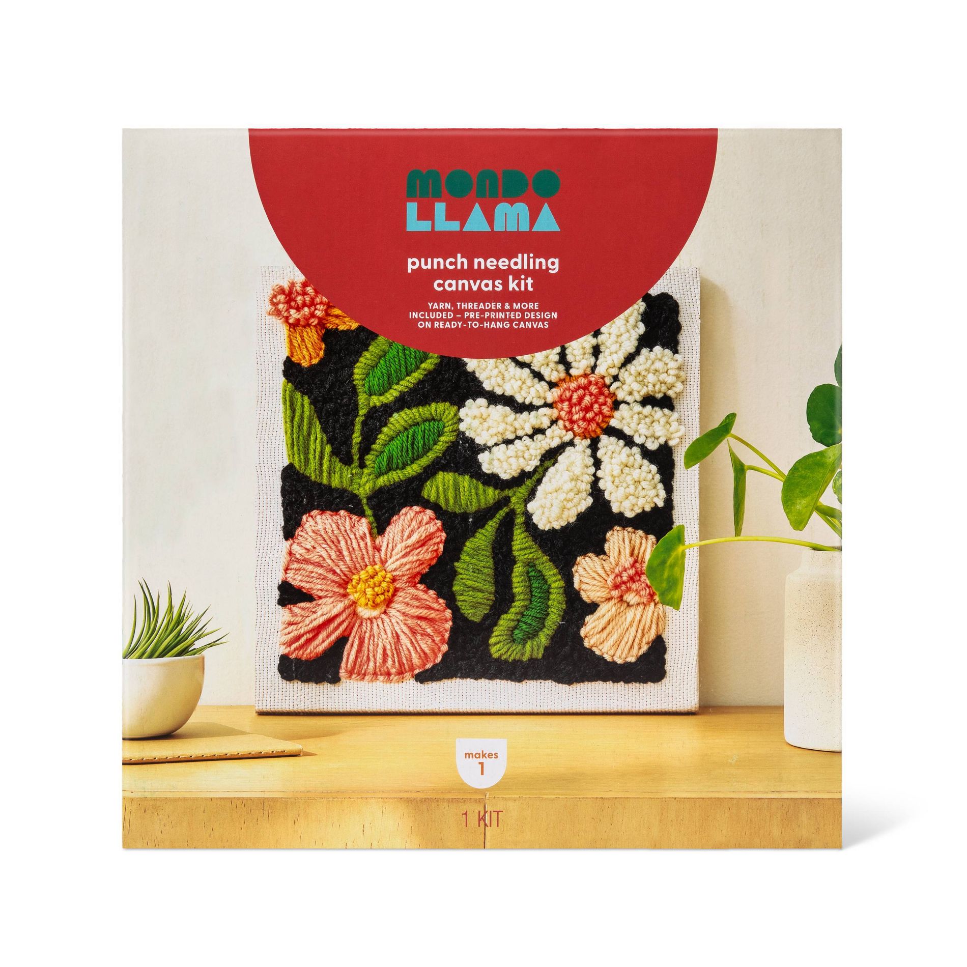 Punch Needling Canvas Kit - Mondo Llama™: Needle Punch Craft Kit for Adults, Includes Yarn & Needle, Art & Design Theme