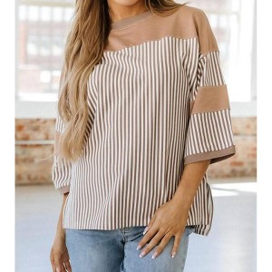 Women's Striped Patchwork 3/4 Sleeve Oversize Top - Little Daisy Closet - 1 of 3