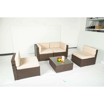 Cesicia 7-Piece Blue Sofa Set With Black PE Rattan Frame, Garden Patio Wicker Sectional Sofa Set with Coffee Table for Backyard, Porch, Balcony