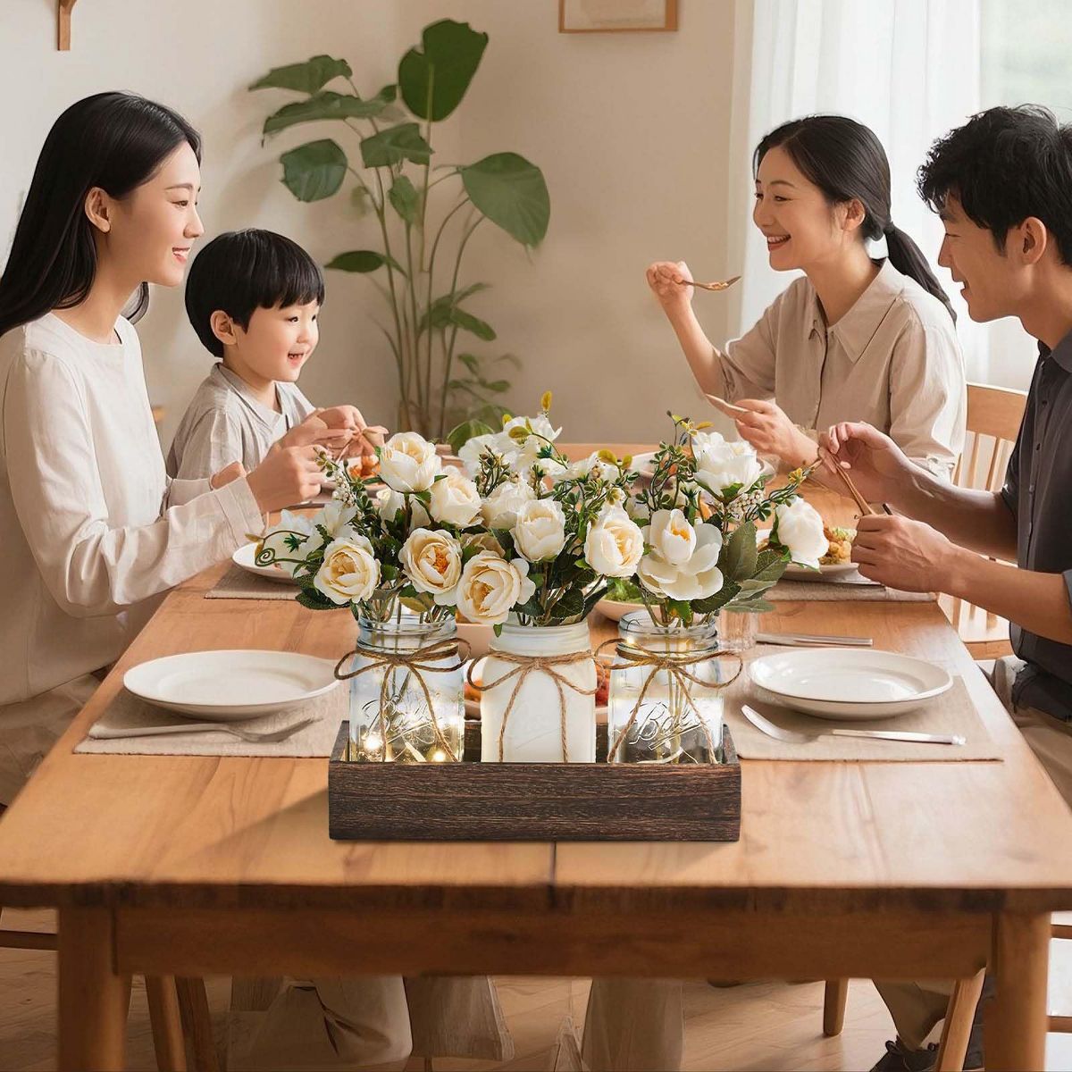 3 PCS Mason Jar Centerpiece for Table with Artificial Flowers, Coffee Table Decor with Wood Tray, Summer Decoration For Dining Room Kitchen - thumbnail 8