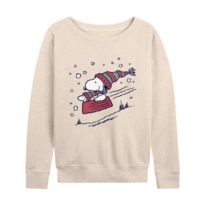 Women's - Peanuts - Snoopy Sledding Lightweight French Terry Wide Neck Long Sleeve Shirt - 1 of 4