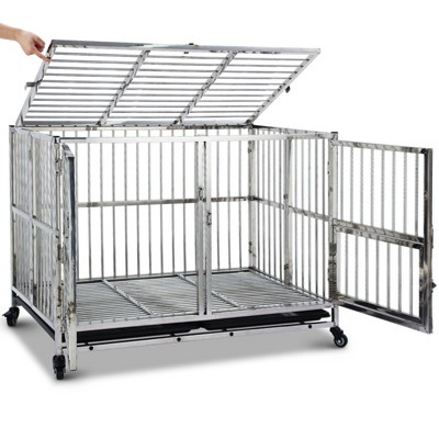 48" Stainless Steel Dog Crate with Wheels, Dual-Door Design & Removable Tray for Medium/Large Dog
