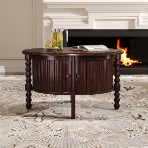 Lyngins 30.3" Mid-Century Modern Coffee Table, Round Vintage Center Table with Sliding Door Storage & Slatted Detail, Accent Table for Living Room, - 1 of 4