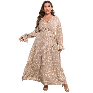Plus Size Women's V Neck Long Sleeve Maxi Dress with Belt Flowy Elegant Floor Length Dress - 1 of 4