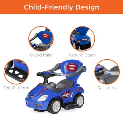 Blue 3-in-1 Kids Push and Pedal Ride-On Car Stroller