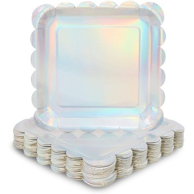 Sparkle and Bash 48 Pack Holographic Silver Foil Square Disposable Paper Plates, Scalloped Edge 9 In