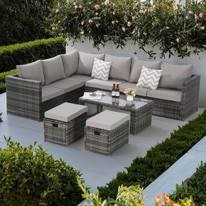 6-Piece Outdoor Patio Rattan Conversation Sectional Sofa Set with Tempered Glass Coffee Table - 1 of 4