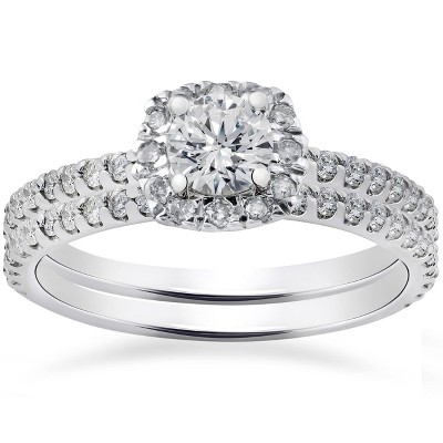 Pompeii3 1ct Cushion Halo Lab Created Diamond Engagement Wedding Ring Set 14K White Gold