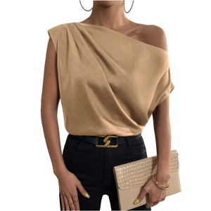 Women's One-Shoulder Blouse, Satin Drape Sleeve Top, Casual Loose-Fit Asymmetrical Neck Shirt - 1 of 4