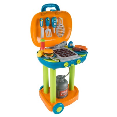 Toy Time Kids' Pretend Play BBQ Grill Toy Set with Toy Food and Kitchen Accessories - Green, Blue, Orange