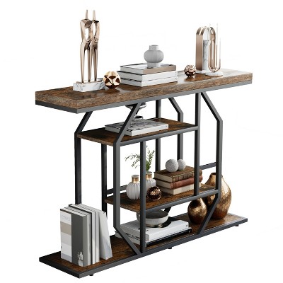 47.3" Long Console Table Industrial Sofa Table with Geometric Base Storage Shelf BROWN
