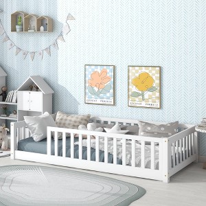 MAYEERTY Twin Floor Bed with Fence without Door, Rubber Wood Floor Guardrails White - 1 of 4