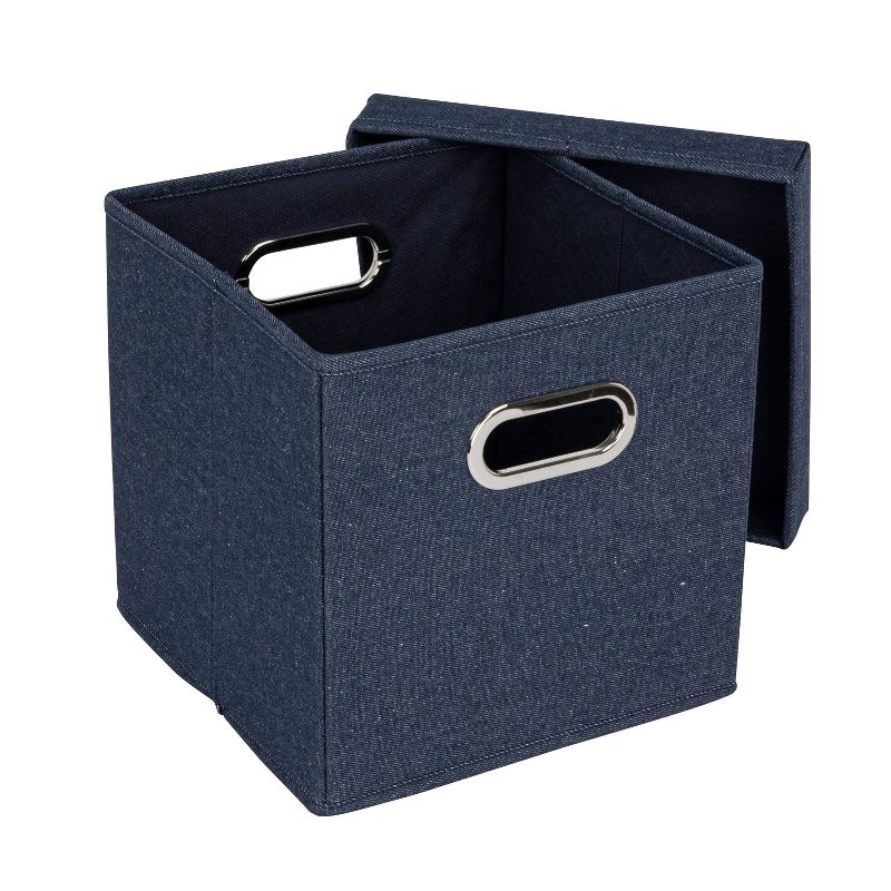 Household Essentials Set of 2 Collapsible Cotton Blend Cube Storage Box with Lid and Metal Grommet Handle Denim, 5 of 12