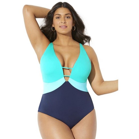 Swimsuits for All Women's Plus Size Colorblock V-Neck One Piece Swimsuit -  14, Blue