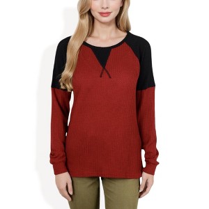 Anna-Kaci Women's Long Sleeve Waffle Knit Top with Raglan Color Block Sleeves and Crew Neck - 1 of 4