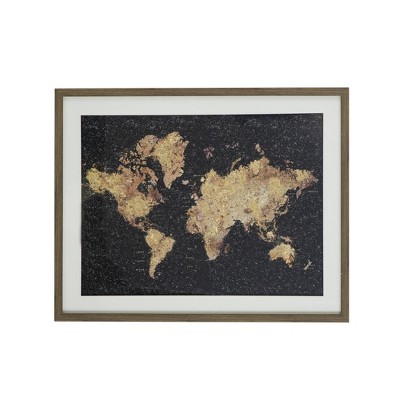22.5"x28.5" World Map Framed Under Glass Art Black/Gold - A&B Home