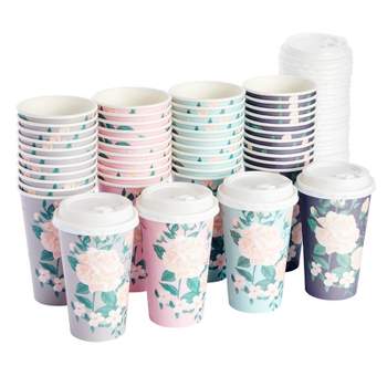 Blue Panda 48 Pack Disposable 16oz Coffee Cups with Lids, Floral Paper To Go Coffee Cups for Party, Wedding Shower, 4 Pastel Colors