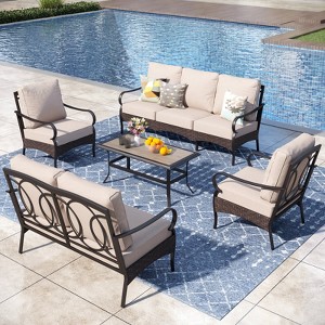Captiva Designs 5pc Extra Large Metal and Rattan Outdoor Patio Conversation Set with Coffee Table and Loveseat - 1 of 4
