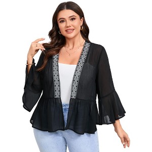 Coolmee Women's Plus Size Lightweight Cardigan 3/4 Ruffle Sleeve Open Front Ruffle Cardigan - 1 of 4