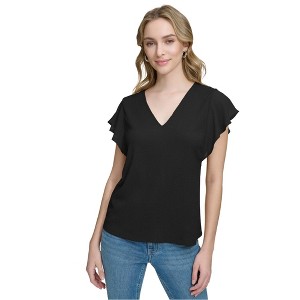 Calvin Klein Womens Chiffon Trim Pullover Blouse, Black, X-Small - 1 of 1