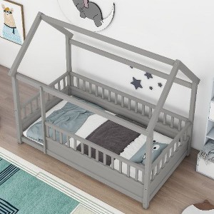 CAVINAS Pine Wood House Floor Bed, Kids Platform Bed Frame, High Fence Safety Bed with Roof, Classic Twin Size Toddler Bed/Child Bed, Easy Assembly - 1 of 4